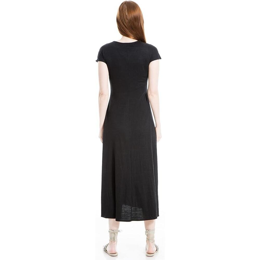 Max Studio Faux Wrap Side Ruched Midi Dress in Black Crinkled Jersey, Size Small - Picture 9 of 11